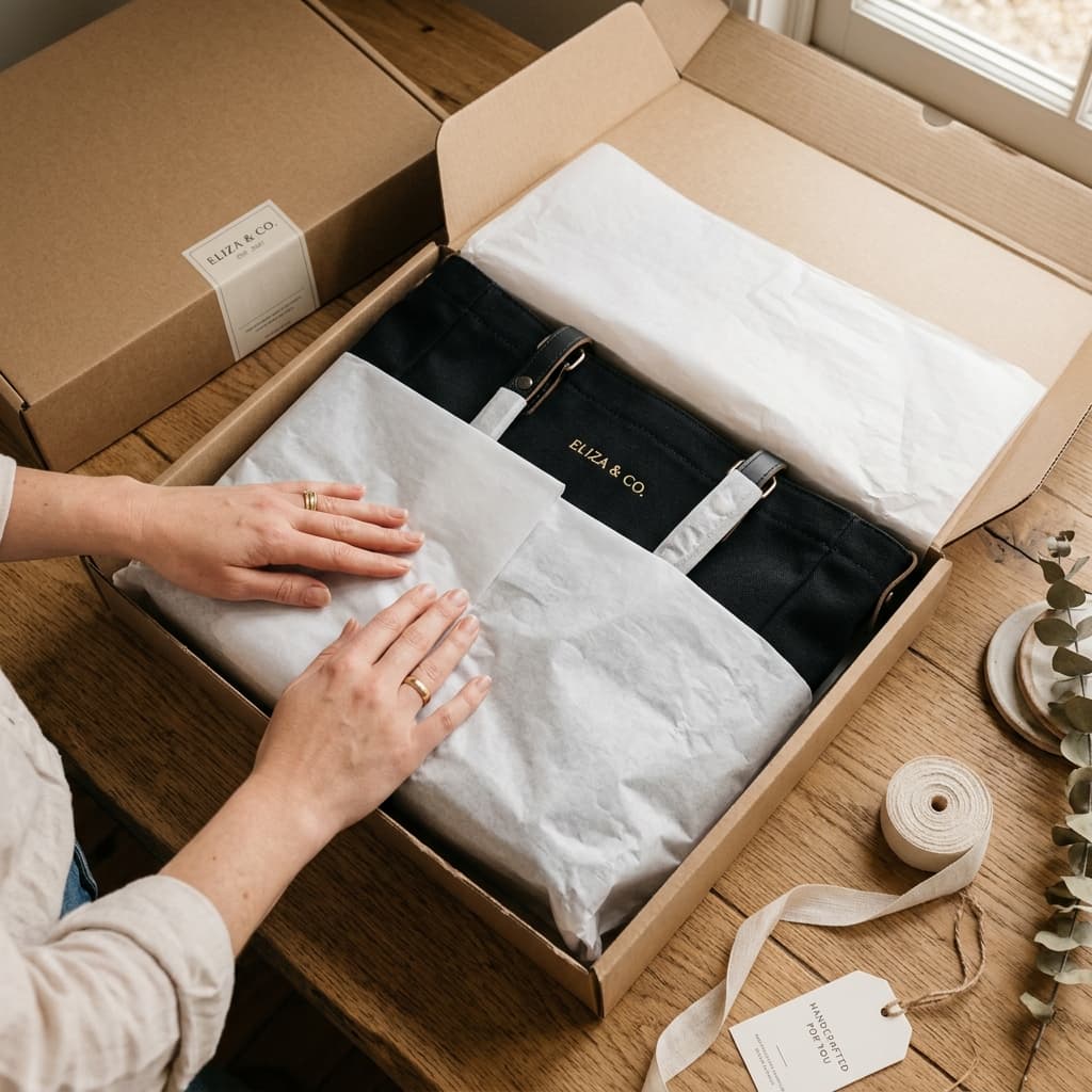 A beautiful canvas tote bag being carefully wrapped in crisp white tissue paper